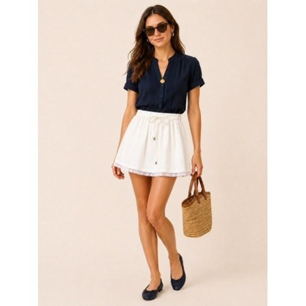 J.Crew White Pleated Cotton Mini Skirt Lace Trim Drawstring Waist Size XS - Picture 2 of 10